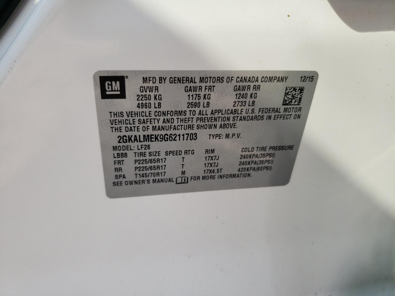 2016 GMC Terrain Sle VIN: 2GKALMEK9G6211703 Lot: 56415634