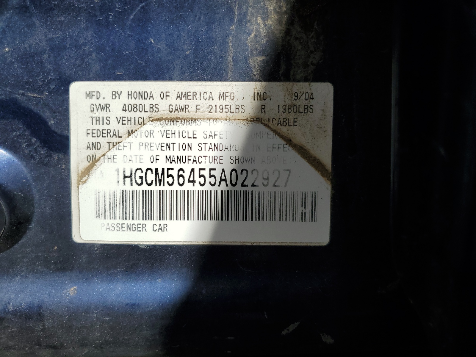 1HGCM56455A022927 2005 Honda Accord Lx