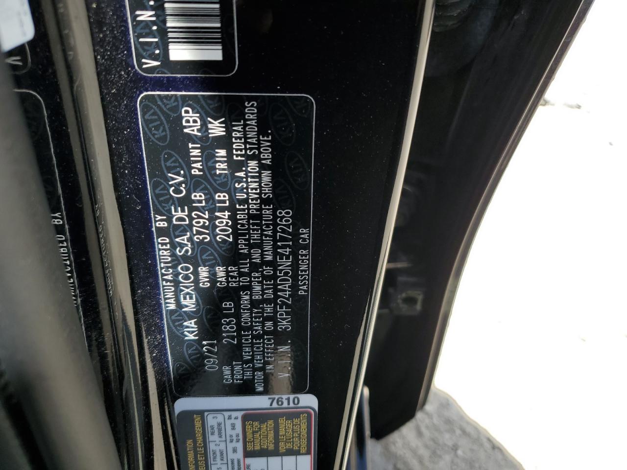 2022 Kia Forte Fe VIN: 3KPF24AD5NE417268 Lot: 58472804