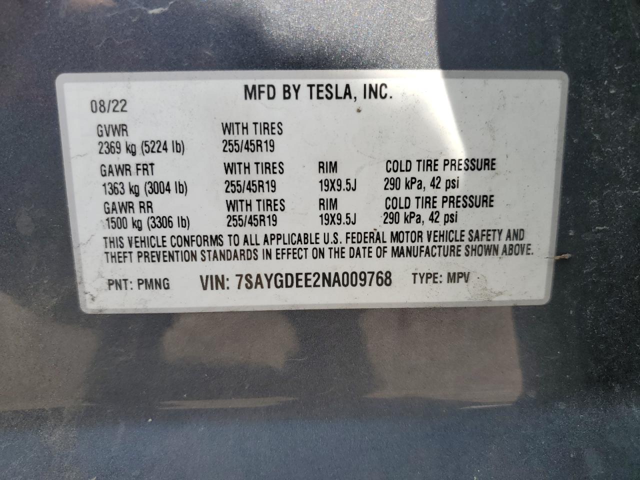 2022 Tesla Model Y VIN: 7SAYGDEE2NA009768 Lot: 61052564