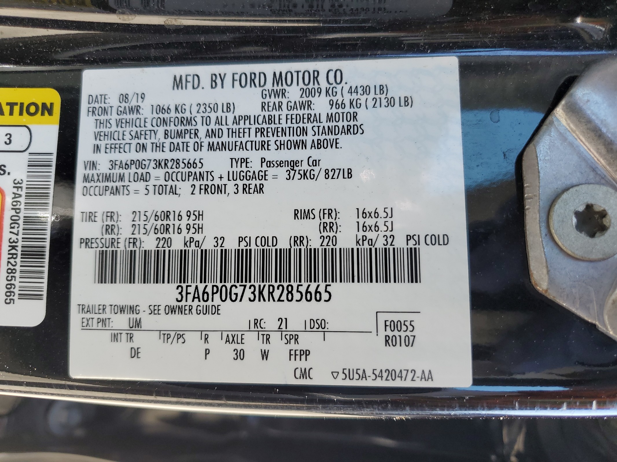 3FA6P0G73KR285665 2019 Ford Fusion S