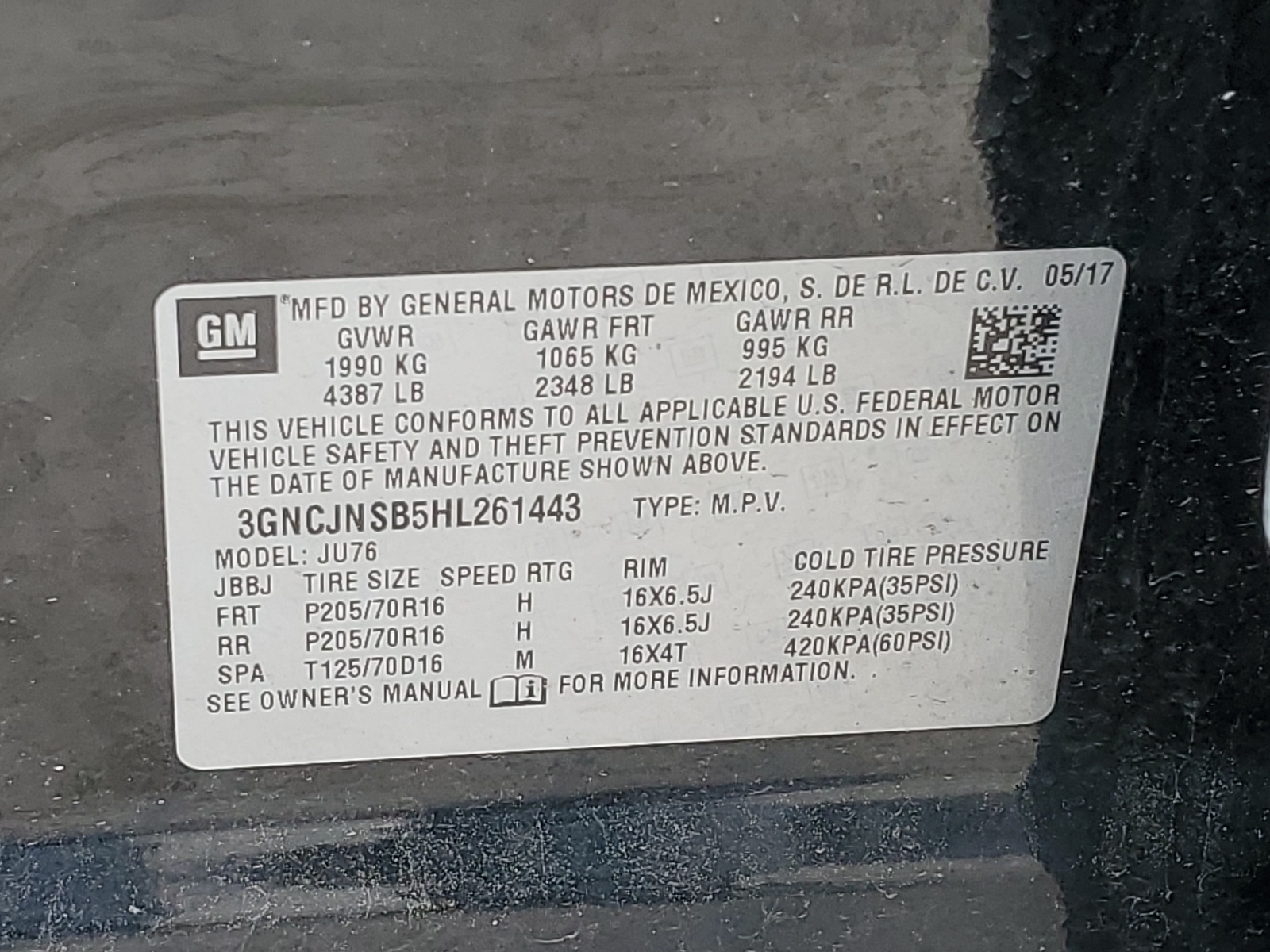 3GNCJNSB5HL261443 2017 Chevrolet Trax Ls