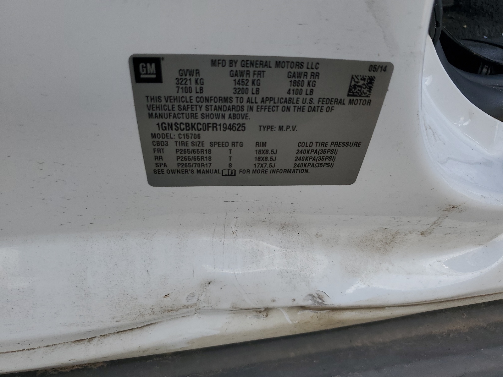 1GNSCBKC0FR194625 2015 Chevrolet Tahoe C1500 Lt