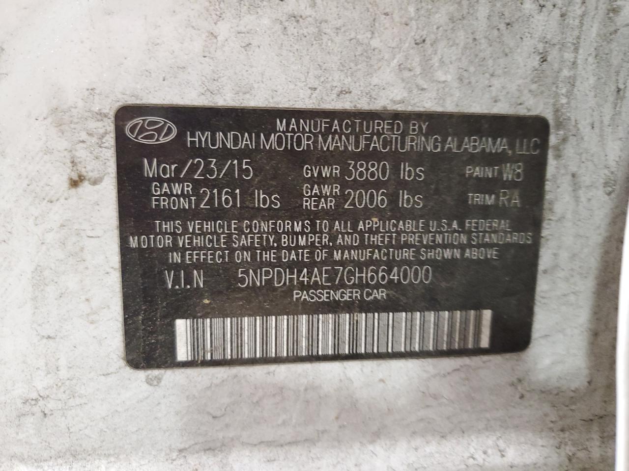 2016 Hyundai Elantra Se VIN: 5NPDH4AE7GH664000 Lot: 58088684