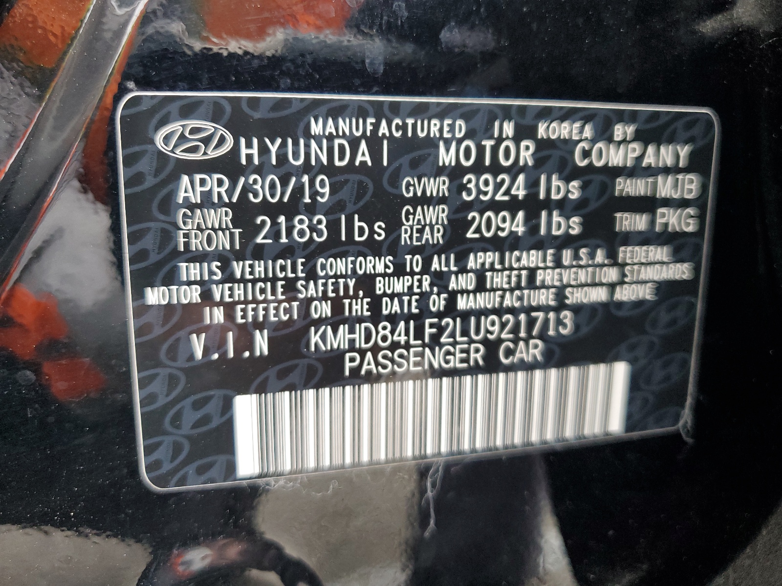 KMHD84LF2LU921713 2020 Hyundai Elantra Sel
