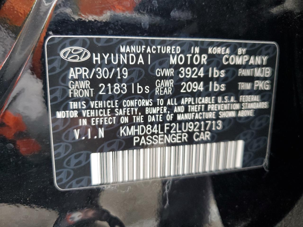 2020 Hyundai Elantra Sel VIN: KMHD84LF2LU921713 Lot: 58539984
