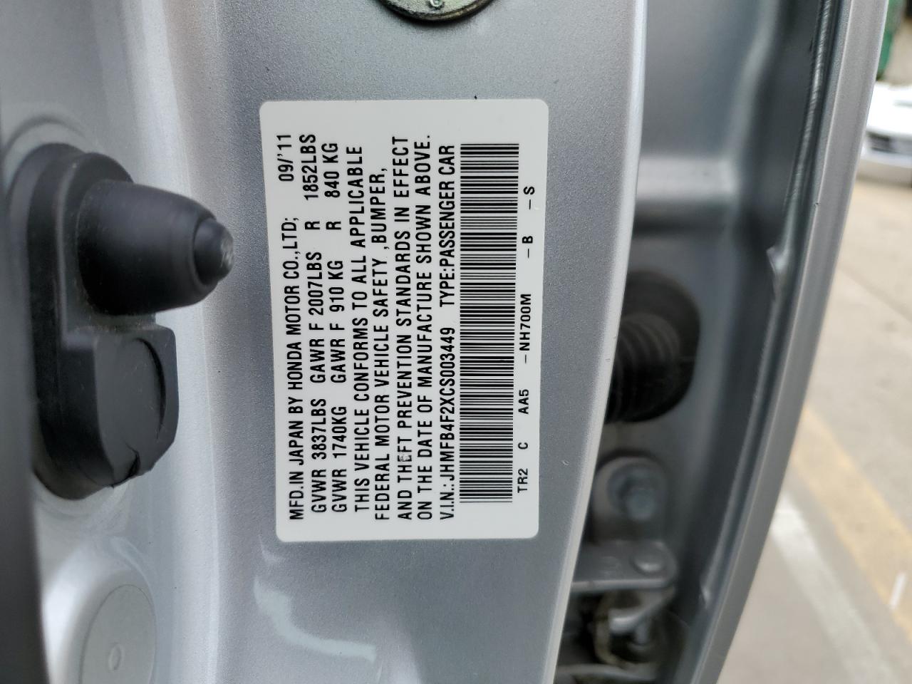 JHMFB4F2XCS003449 2012 Honda Civic Hybrid