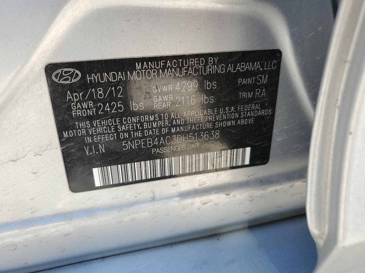 2013 Hyundai Sonata Gls VIN: 5NPEB4AC3DH513638 Lot: 58476024