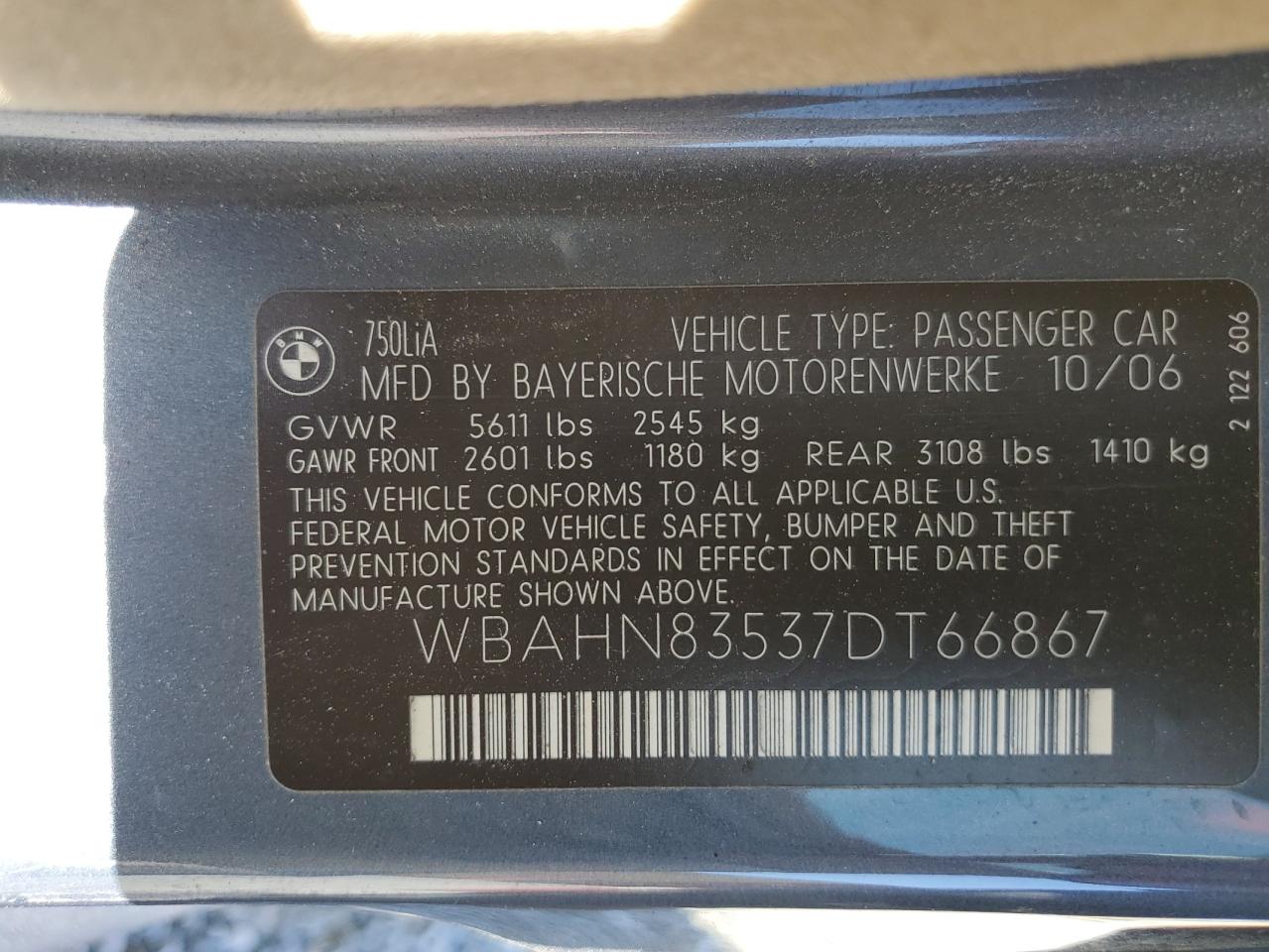 2007 BMW 750 VIN: WBAHN83537DT66867 Lot: 60729414