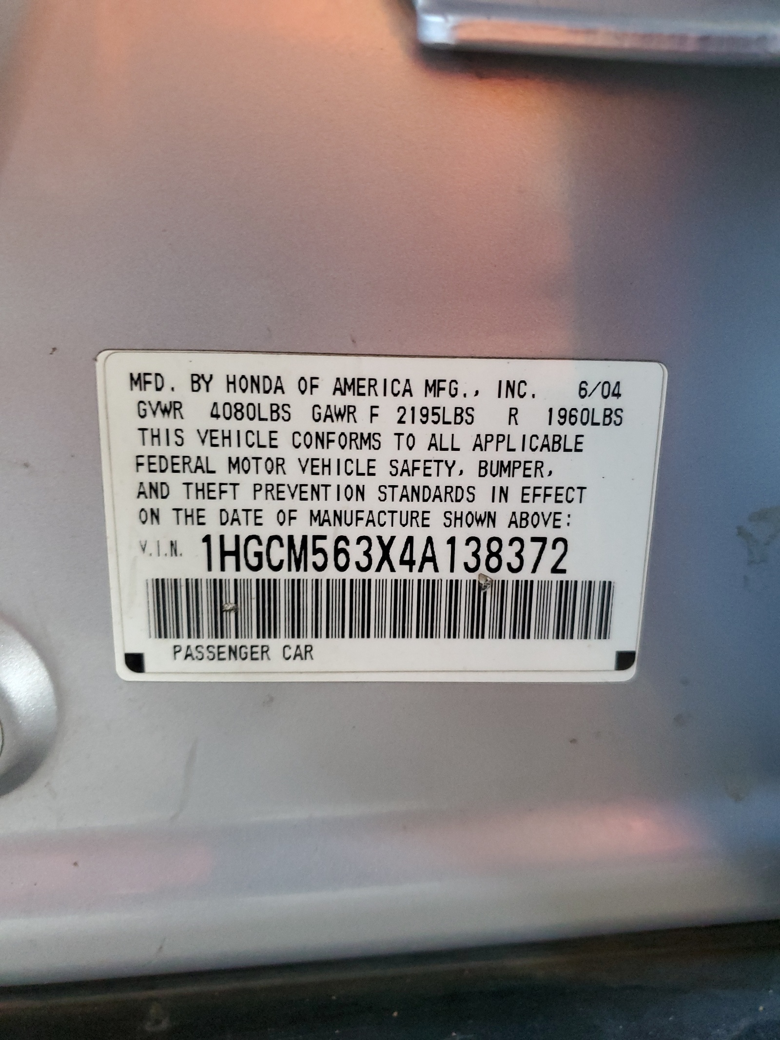 1HGCM563X4A138372 2004 Honda Accord Lx