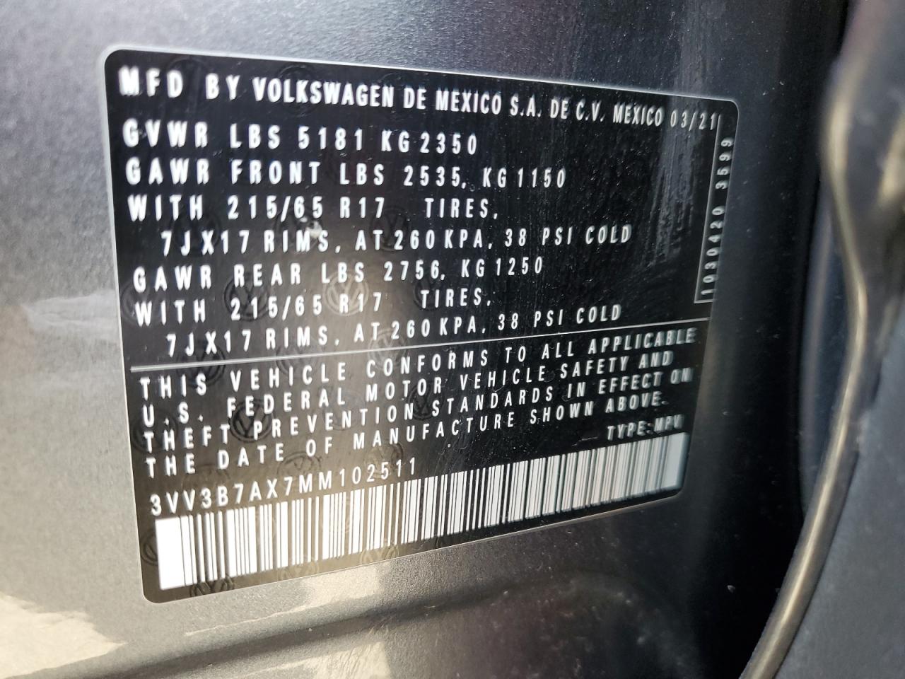 2021 Volkswagen Tiguan Se VIN: 3VV3B7AX7MM102511 Lot: 57536104