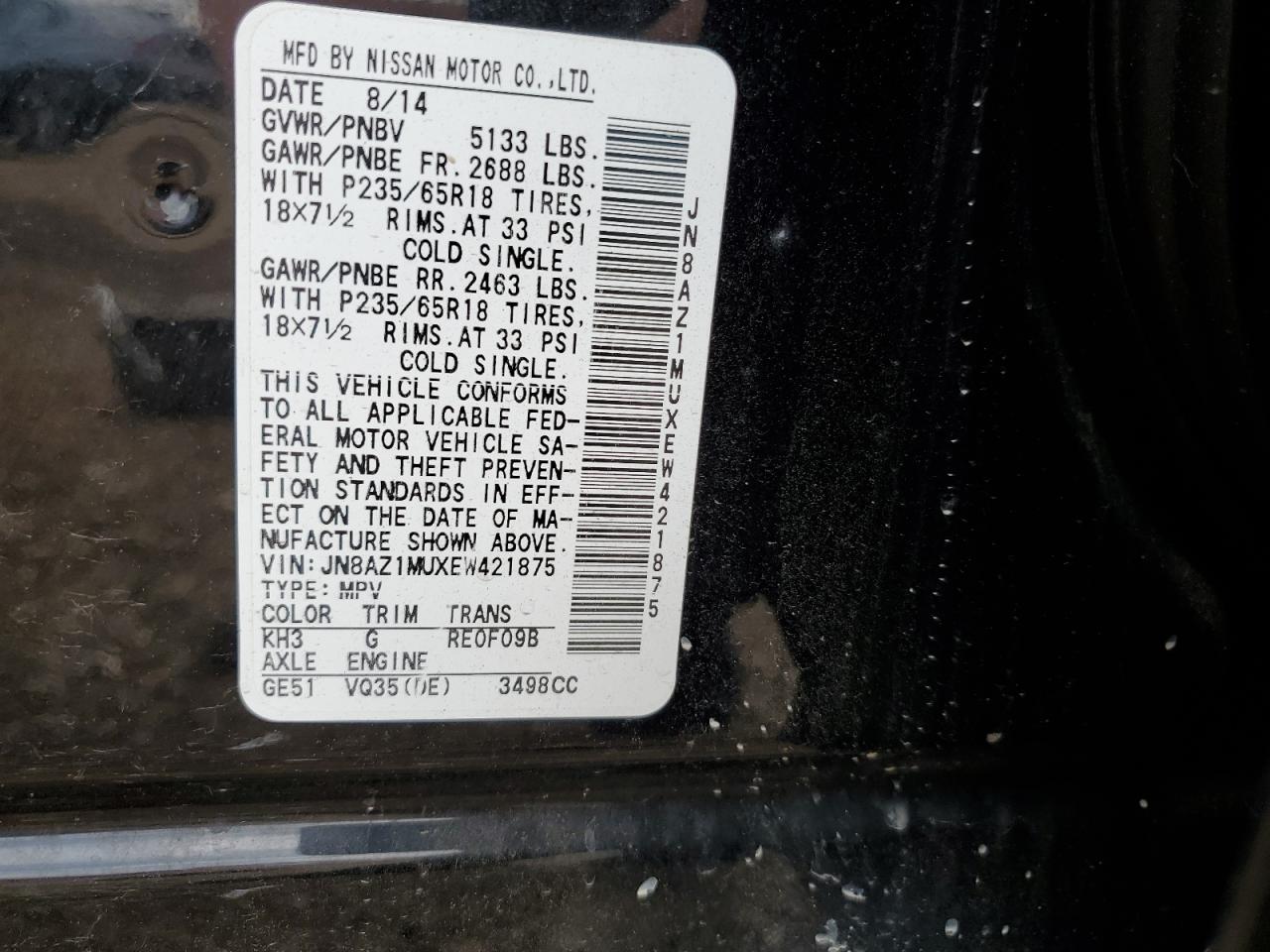 2014 Nissan Murano S VIN: JN8AZ1MUXEW421875 Lot: 78645514