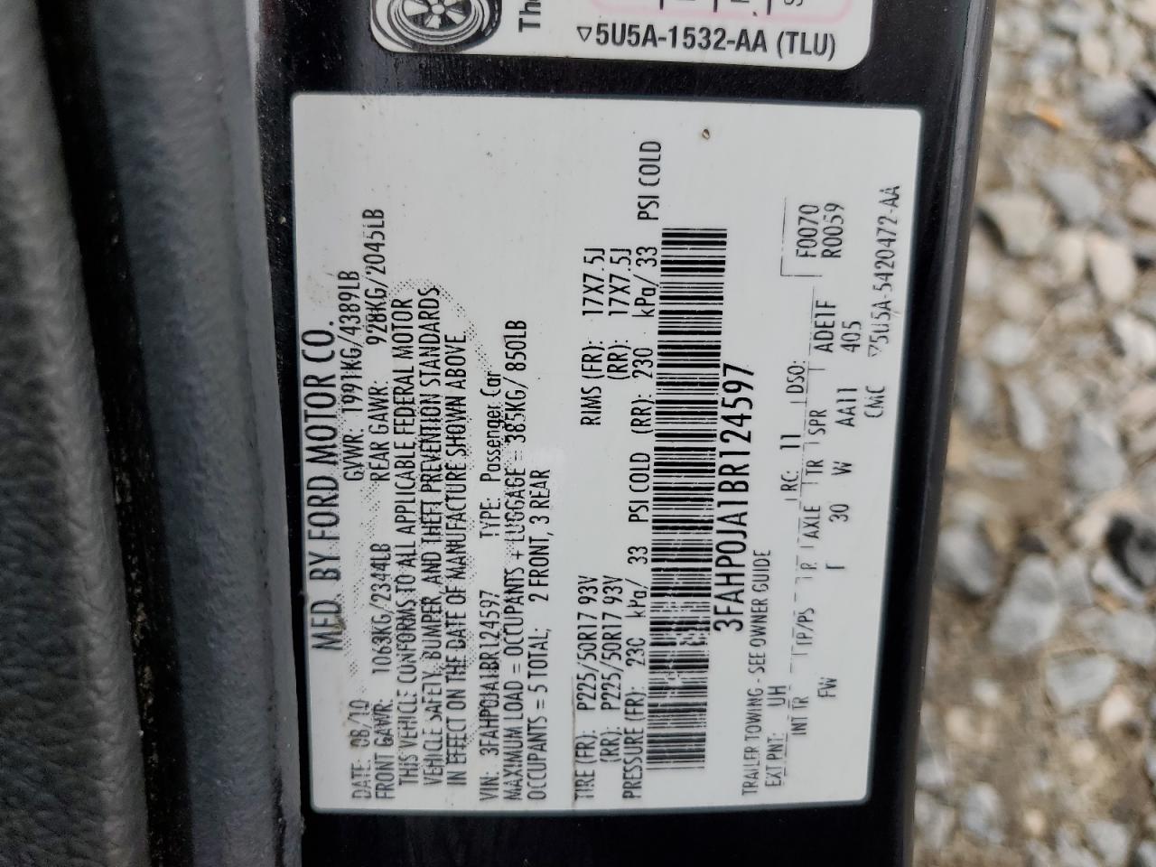 2011 Ford Fusion Sel VIN: 3FAHP0JA1BR124597 Lot: 60665084