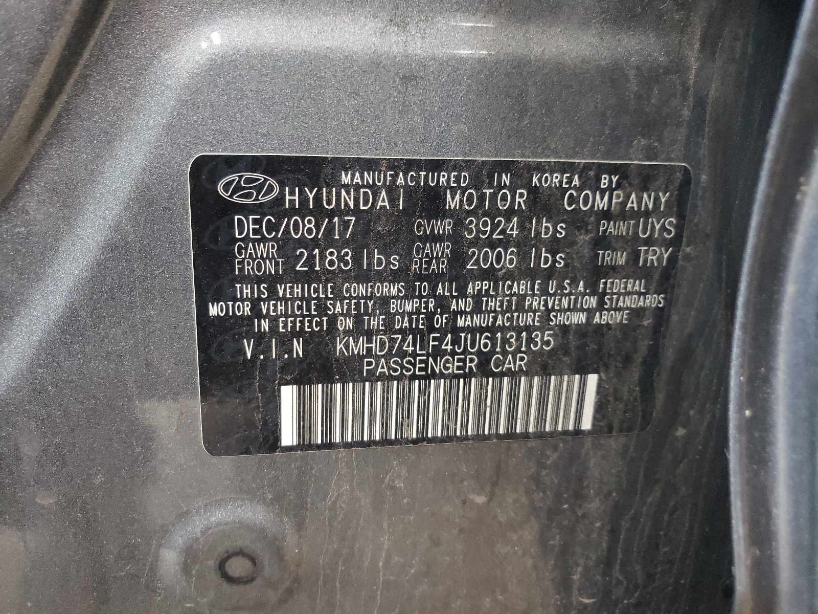 KMHD74LF4JU613135 2018 Hyundai Elantra Se