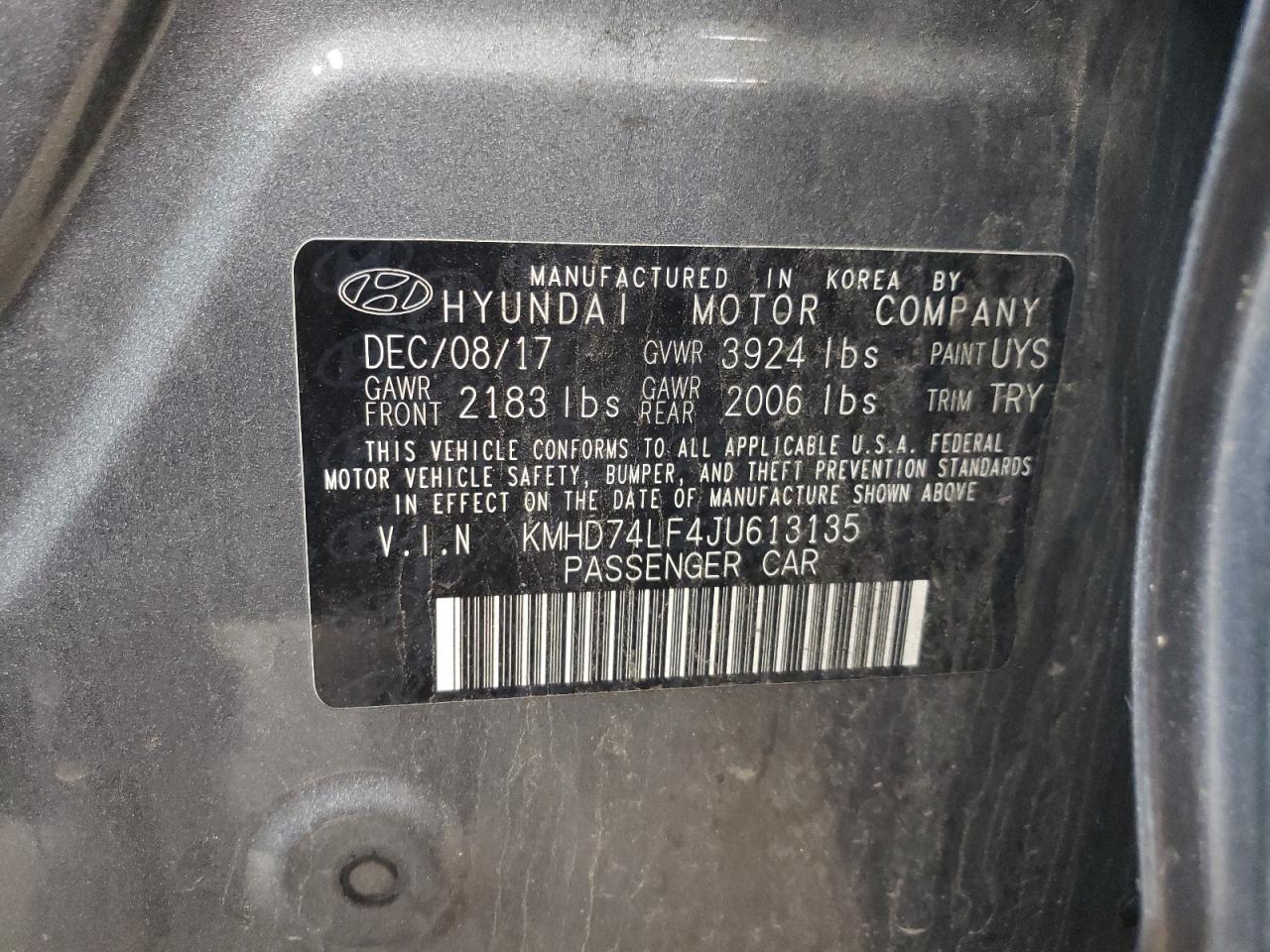 2018 Hyundai Elantra Se VIN: KMHD74LF4JU613135 Lot: 61247394