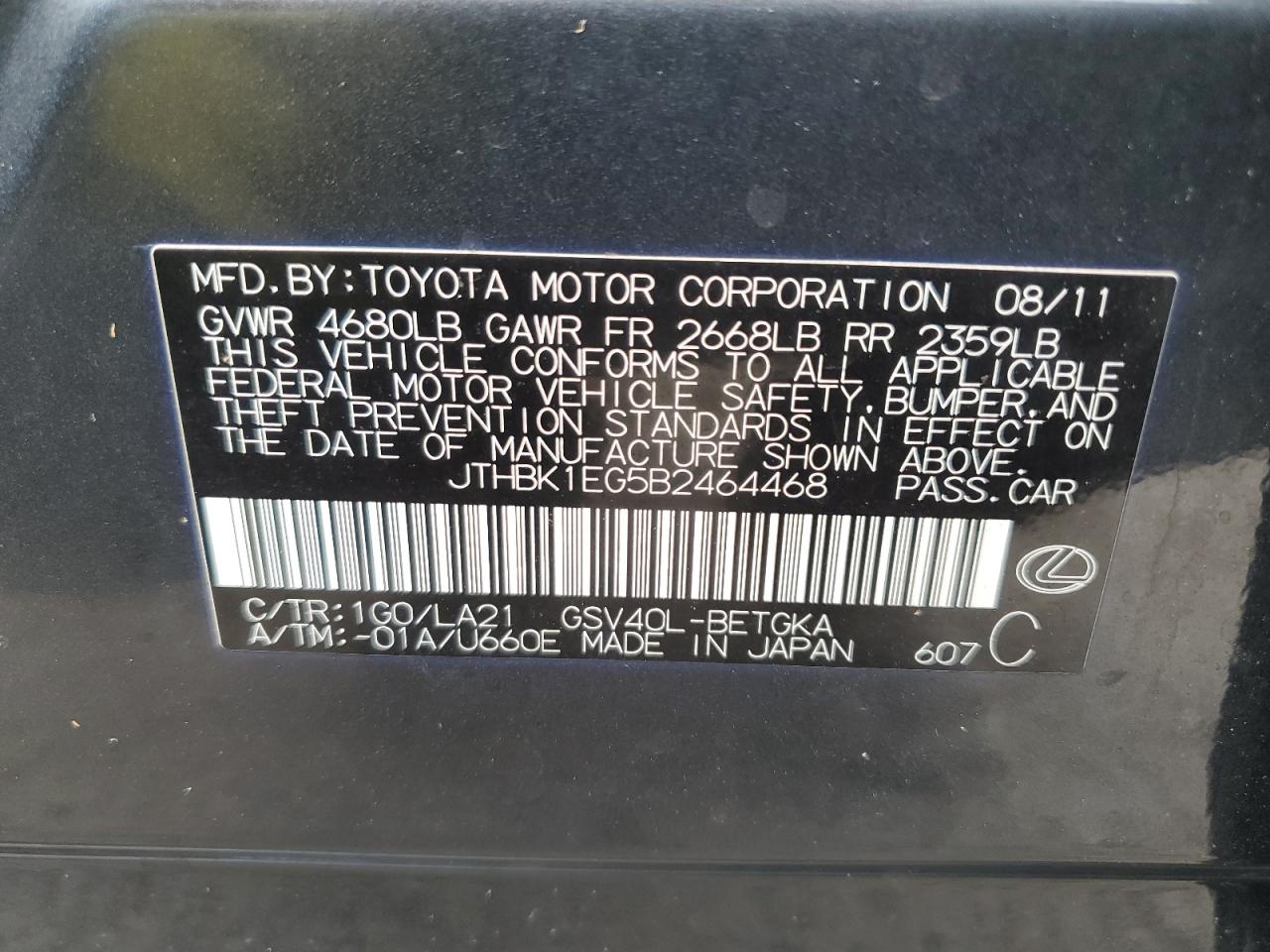 2011 Lexus Es 350 VIN: JTHBK1EG5B2464468 Lot: 59725104