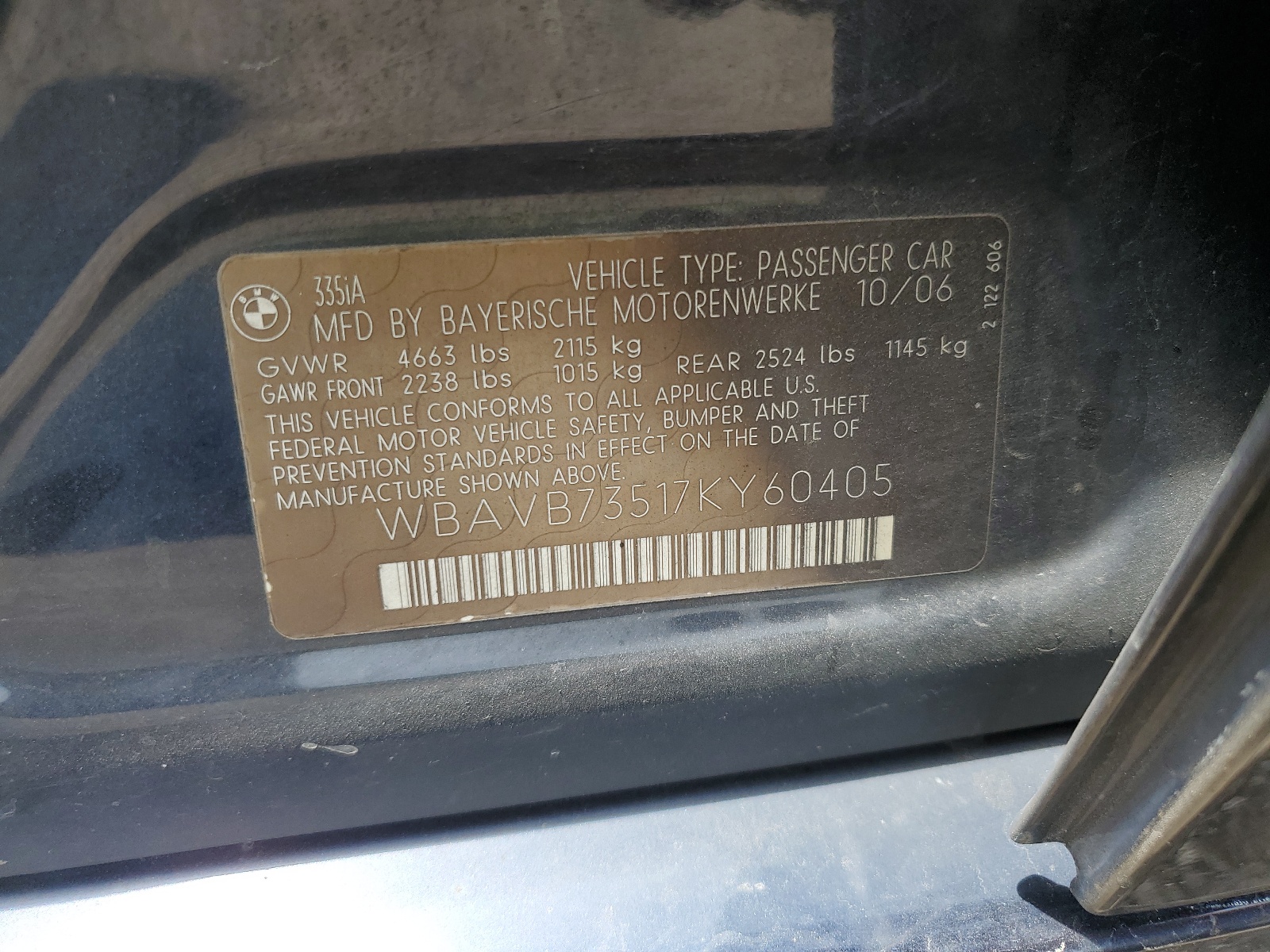 WBAVB73517KY60405 2007 BMW 335 I