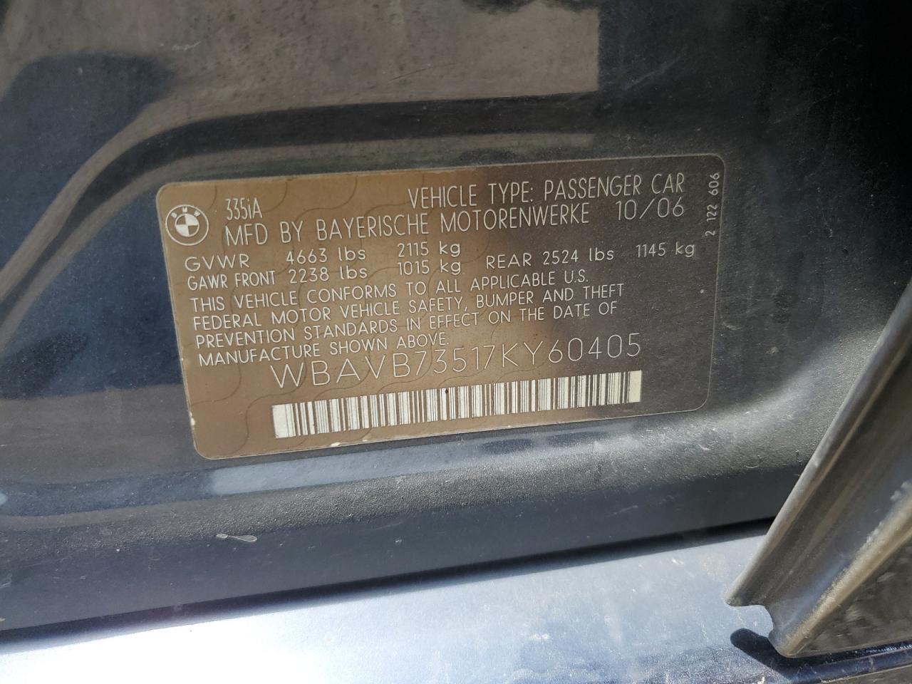 2007 BMW 335 I VIN: WBAVB73517KY60405 Lot: 57752284