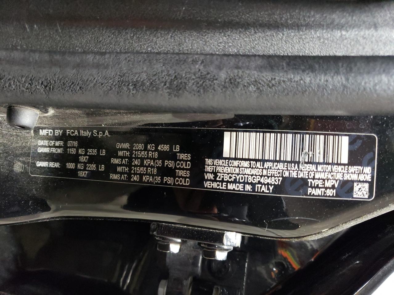 2016 Fiat 500X Lounge VIN: ZFBCFYDT8GP494837 Lot: 59931494