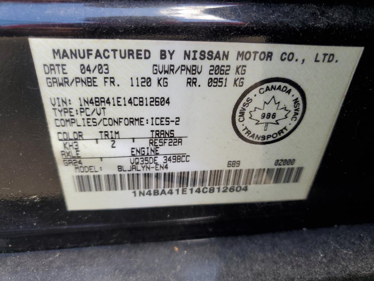 1N4BA41E14C812604 2004 Nissan Maxima Se