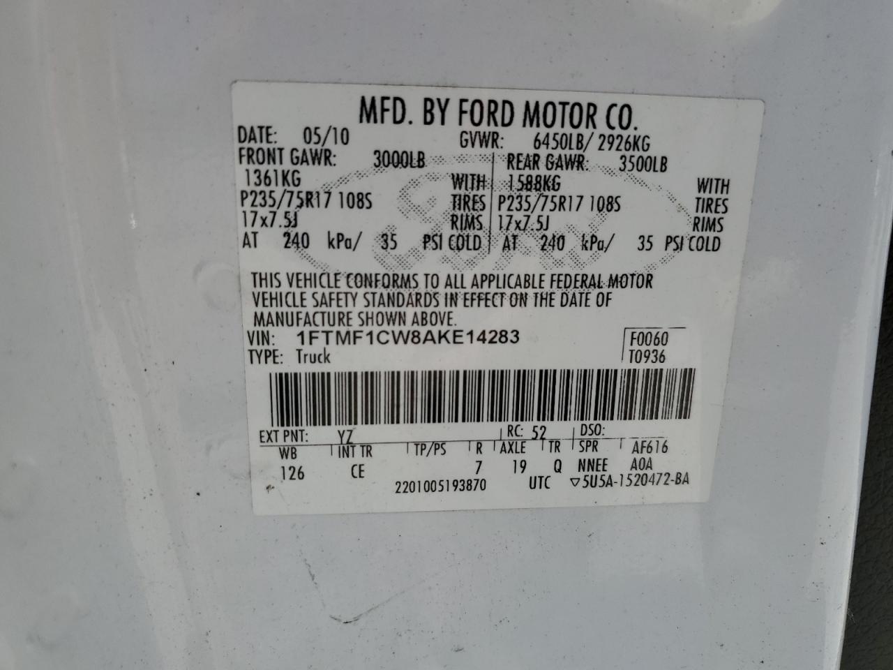 2010 Ford F150 VIN: 1FTMF1CW8AKE14283 Lot: 57845994