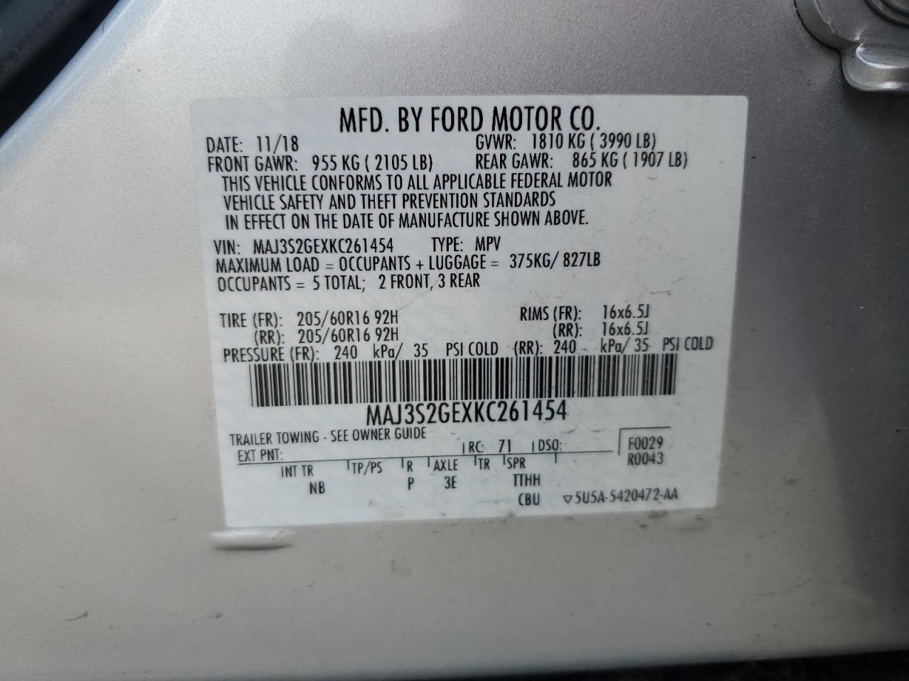 MAJ3S2GEXKC261454 2019 Ford Ecosport Se