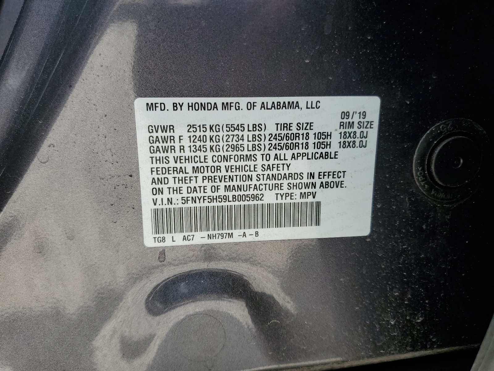 5FNYF5H59LB005962 2020 Honda Pilot Exl