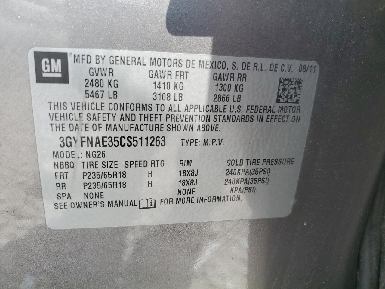 2012 Cadillac Srx Luxury Collection VIN: 3GYFNAE35CS511263 Lot: 54946755