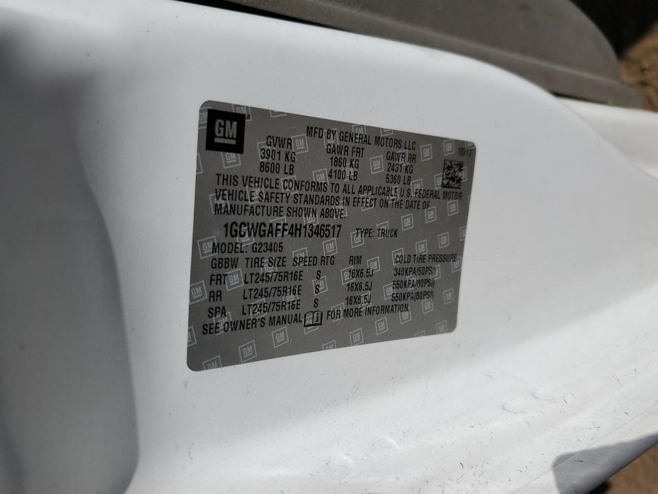 2017 Chevrolet Express G2500 VIN: 1GCWGAFF4H1346517 Lot: 59284014