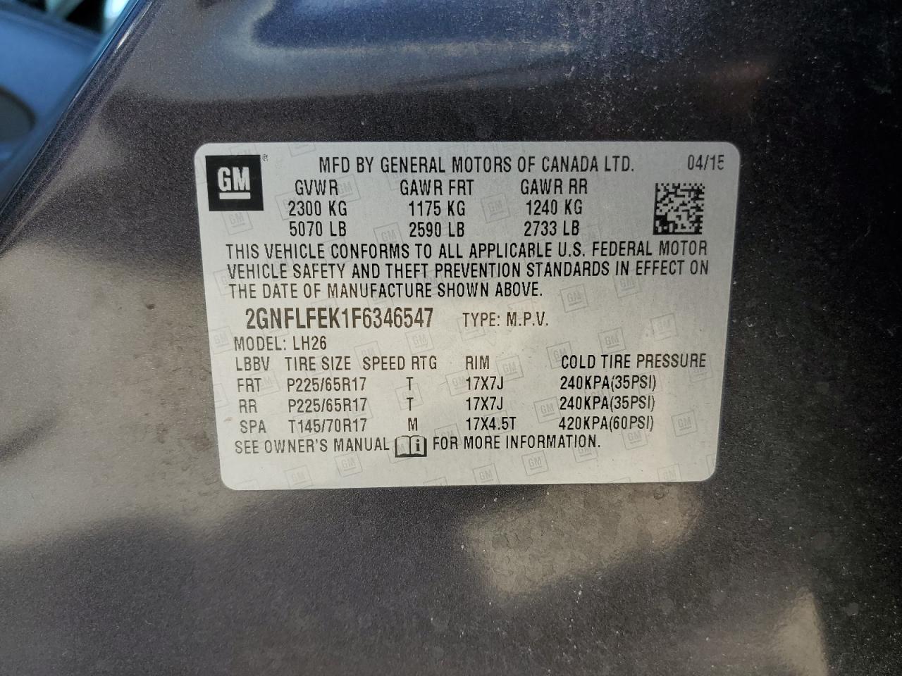 2GNFLFEK1F6346547 2015 Chevrolet Equinox Lt