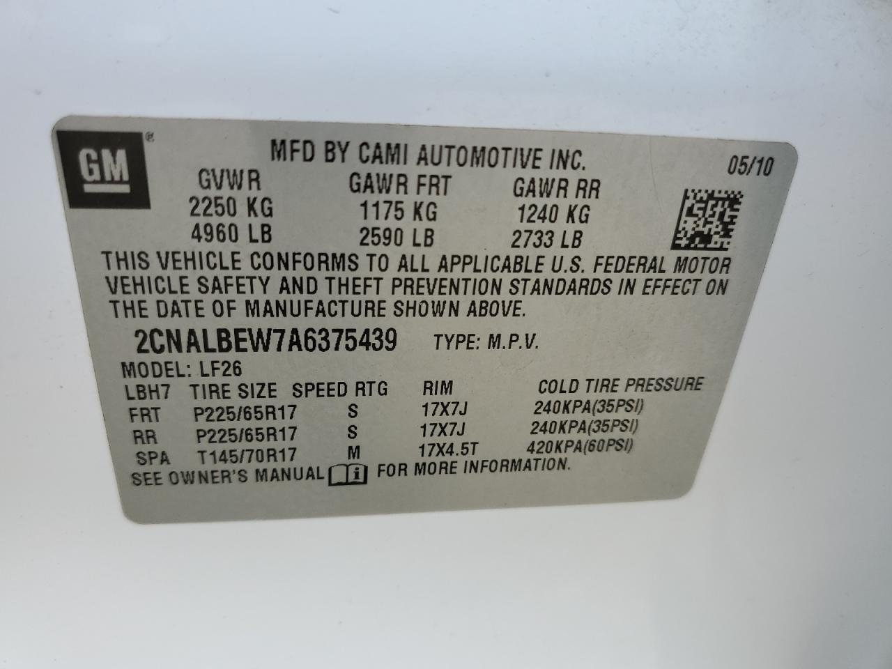 2CNALBEW7A6375439 2010 Chevrolet Equinox Ls