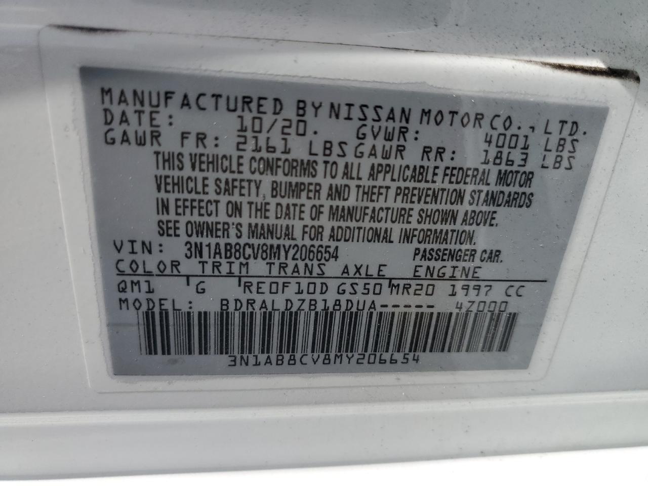 2021 Nissan Sentra Sv VIN: 3N1AB8CV8MY206654 Lot: 59587724