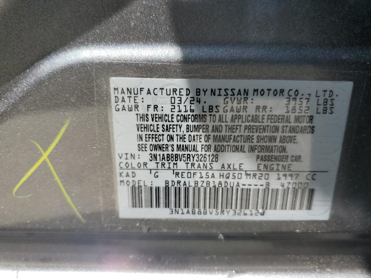 2024 Nissan Sentra S VIN: 3N1AB8BV5RY326128 Lot: 59877504