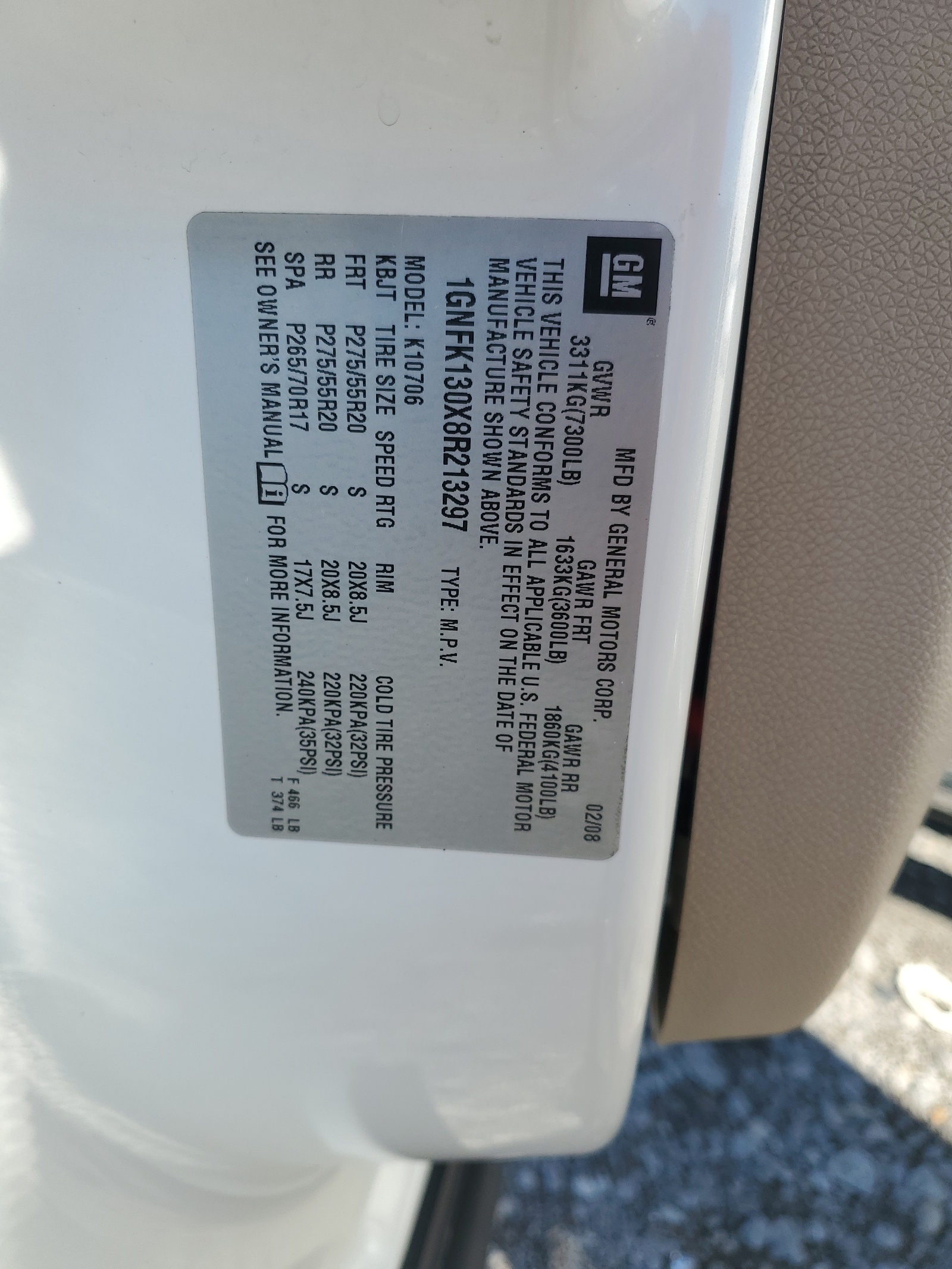 1GNFK130X8R213297 2008 Chevrolet Tahoe K1500