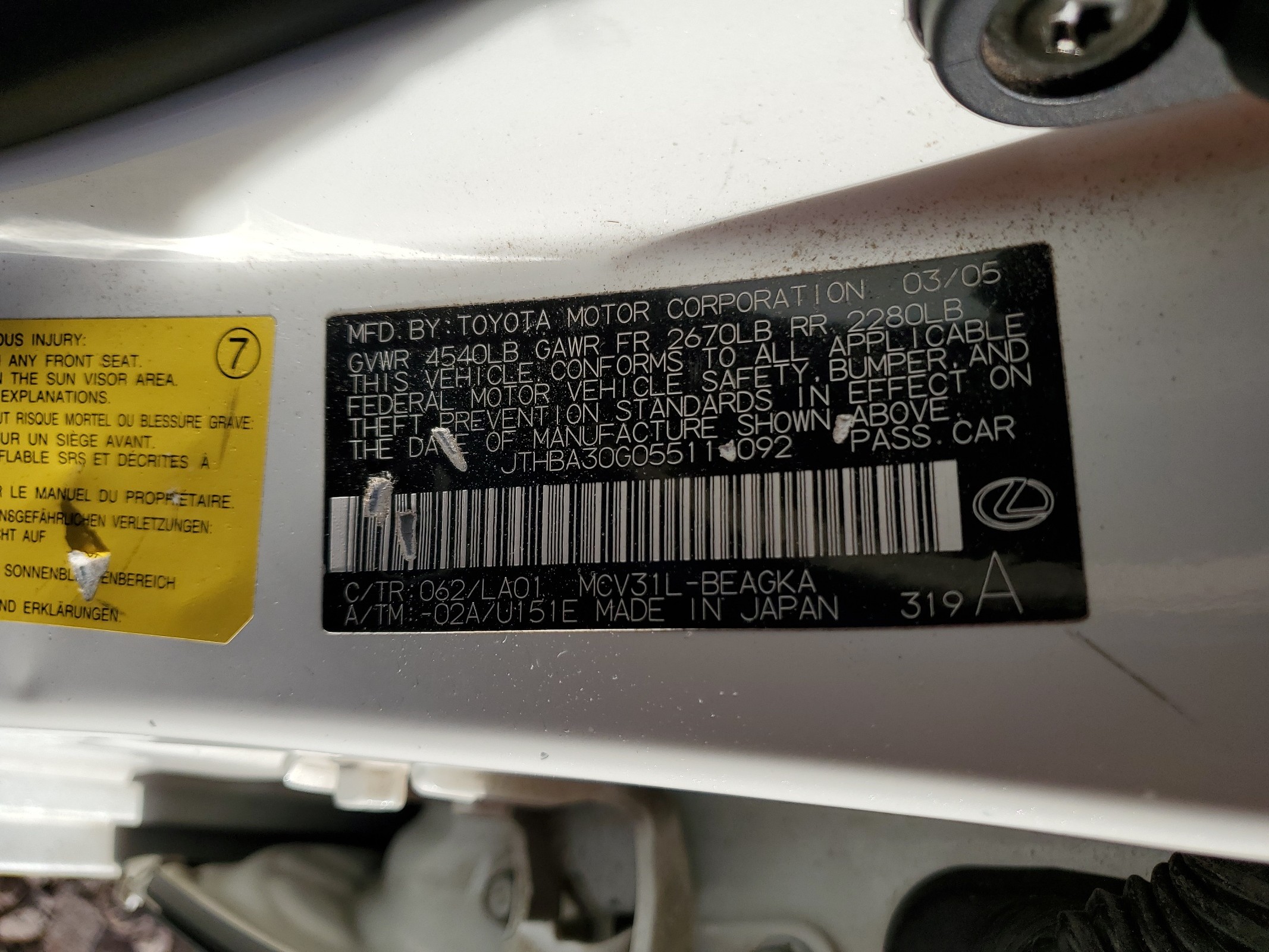 JTHBA30G055114092 2005 Lexus Es 330