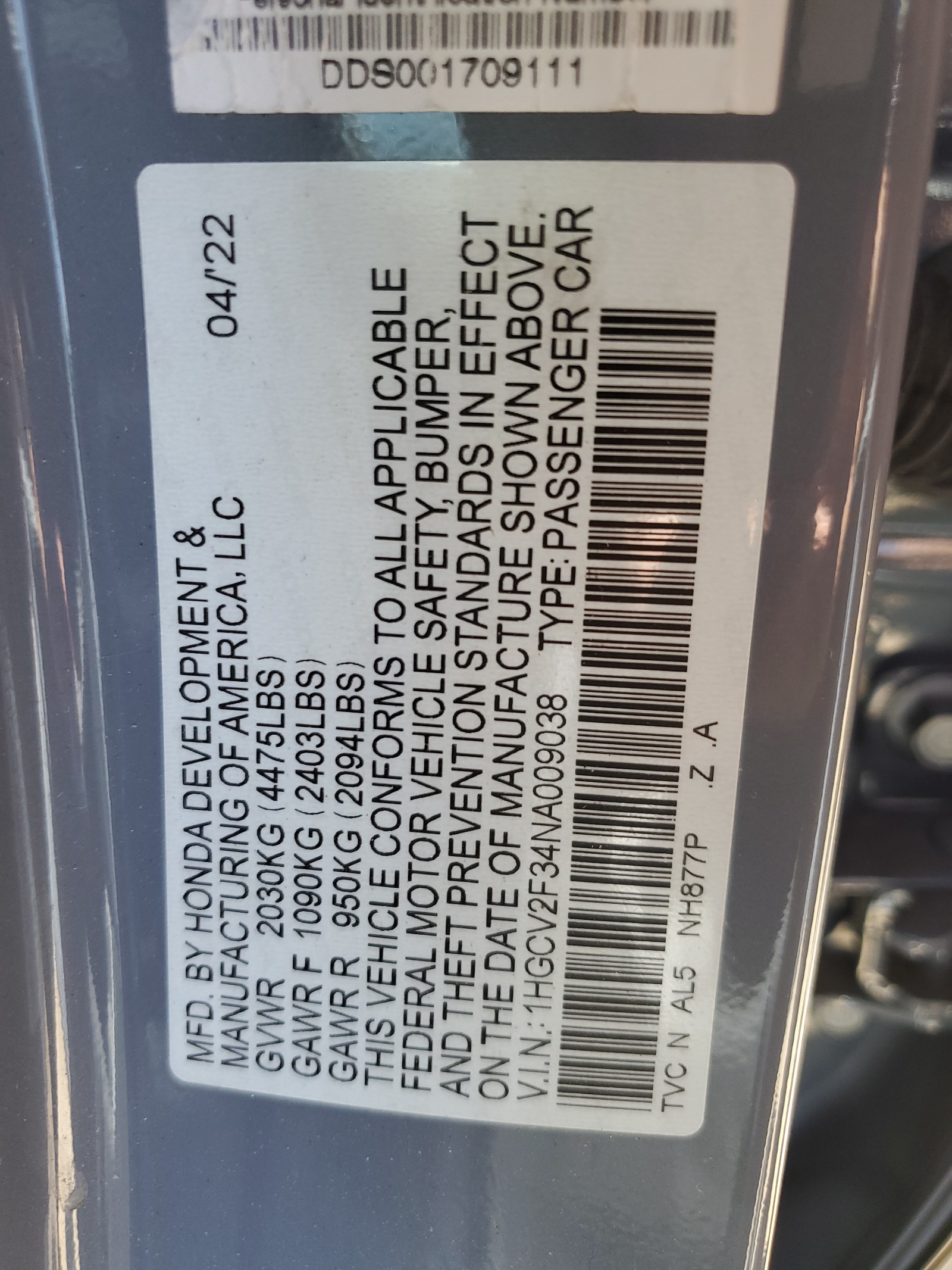 1HGCV2F34NA009038 2022 Honda Accord Sport