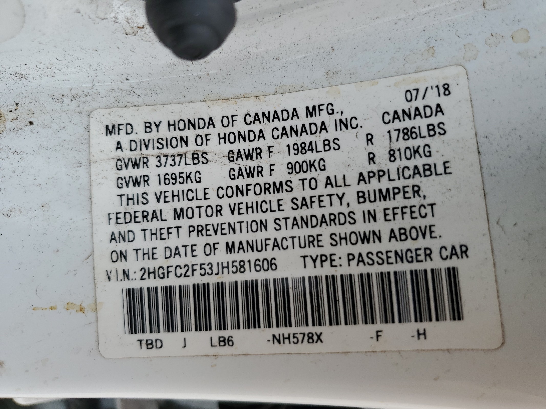 2HGFC2F53JH581606 2018 Honda Civic Lx