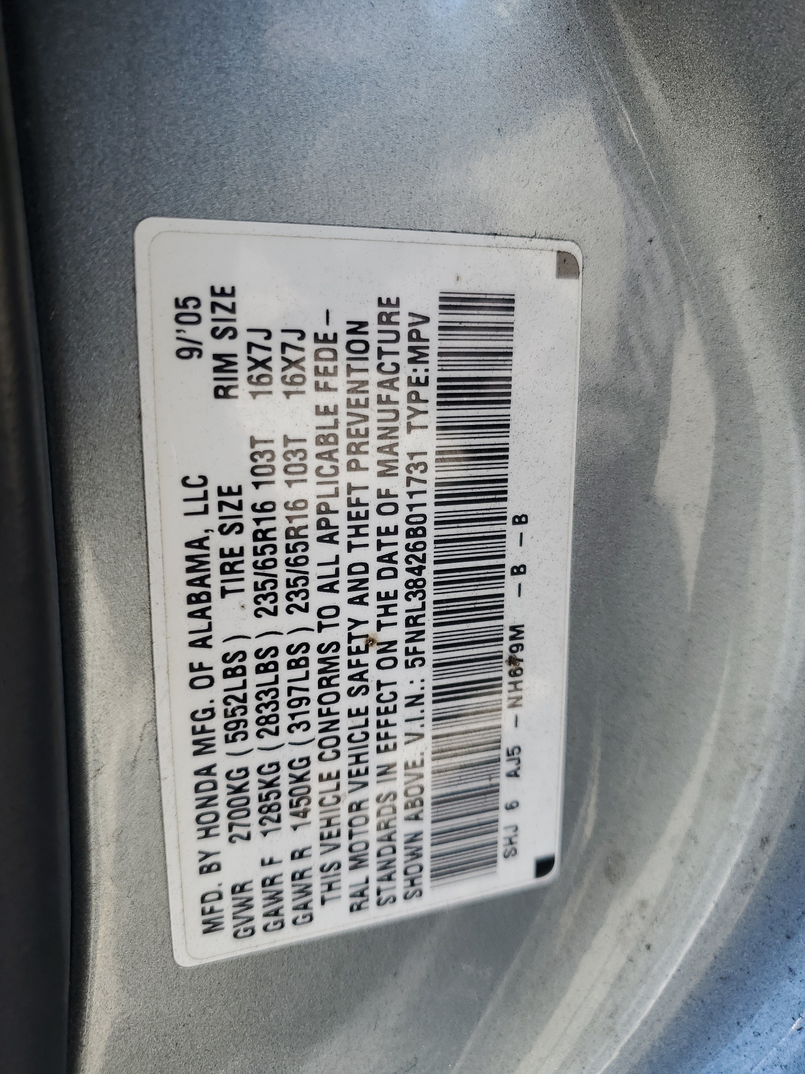 5FNRL38426B011731 2006 Honda Odyssey Ex