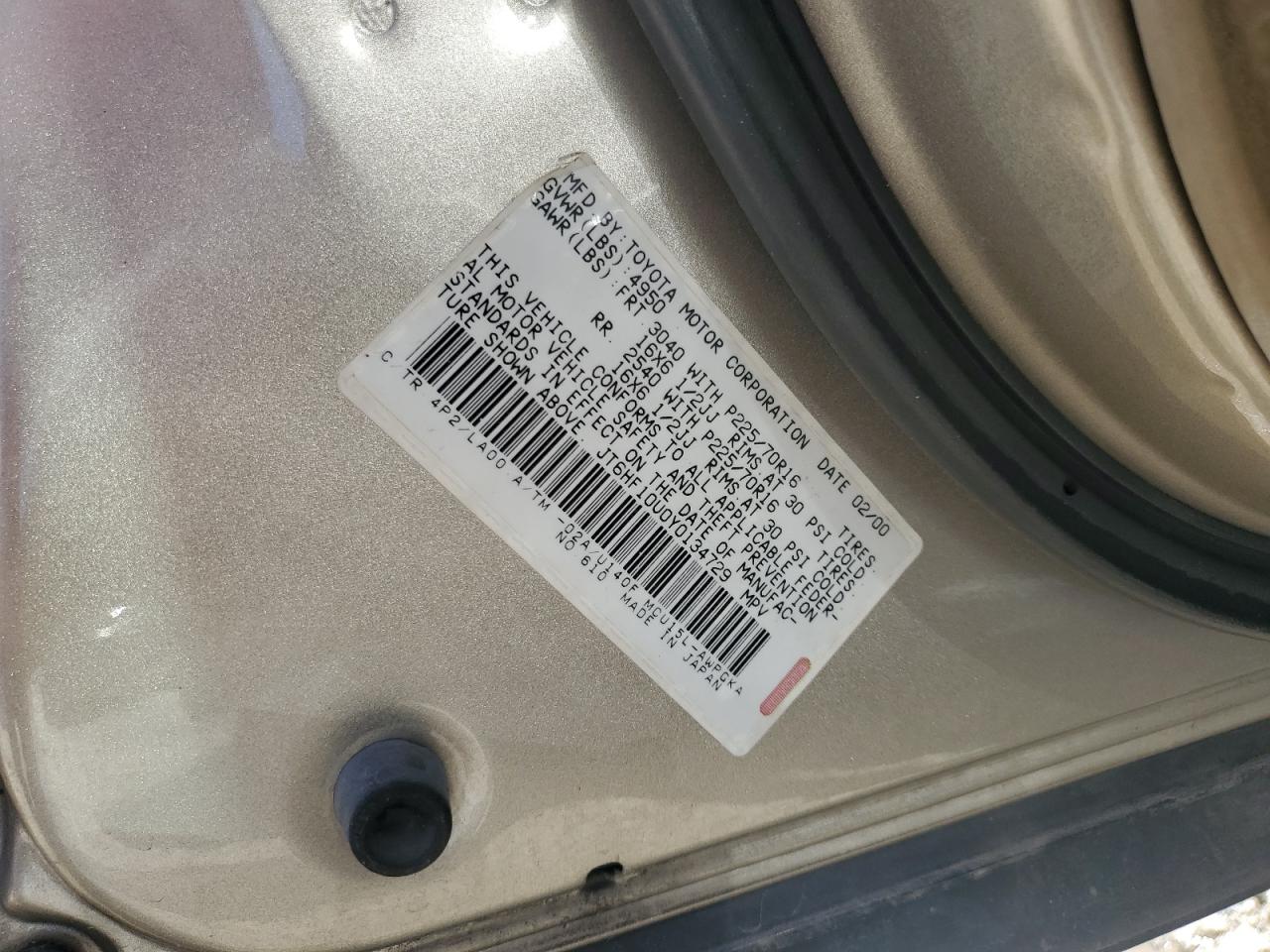 2000 Lexus Rx 300 VIN: JT6HF10U0Y0134729 Lot: 60671204