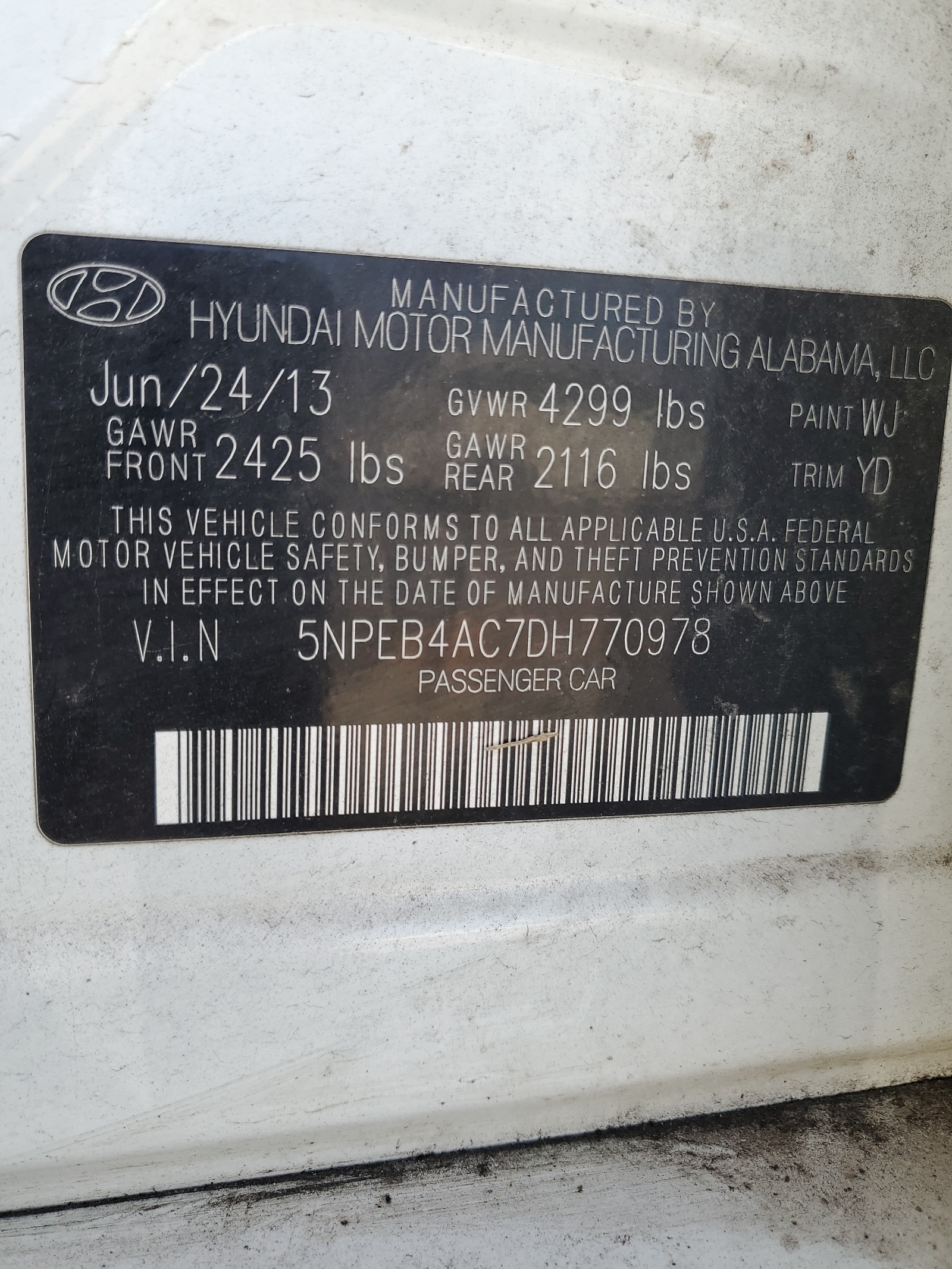 5NPEB4AC7DH770978 2013 Hyundai Sonata Gls