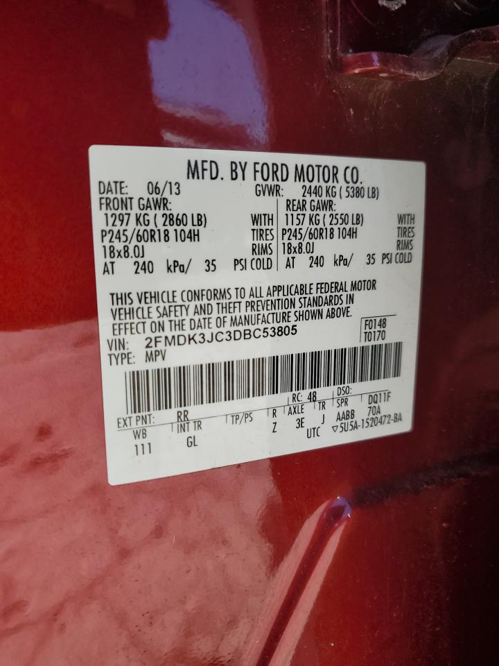 2013 Ford Edge Sel VIN: 2FMDK3JC3DBC53805 Lot: 57844854