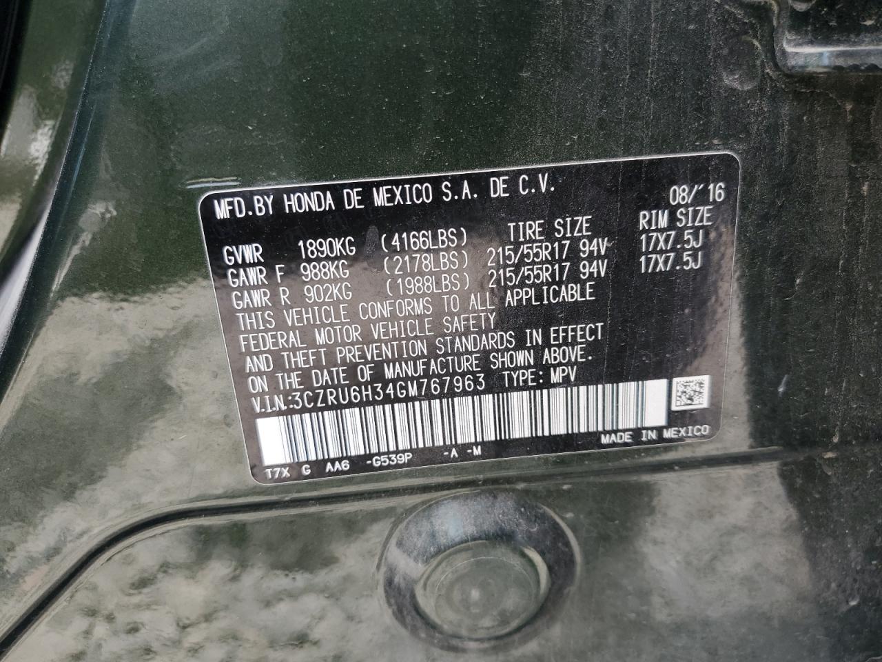 2016 Honda Hr-V Lx VIN: 3CZRU6H34GM767963 Lot: 60307514