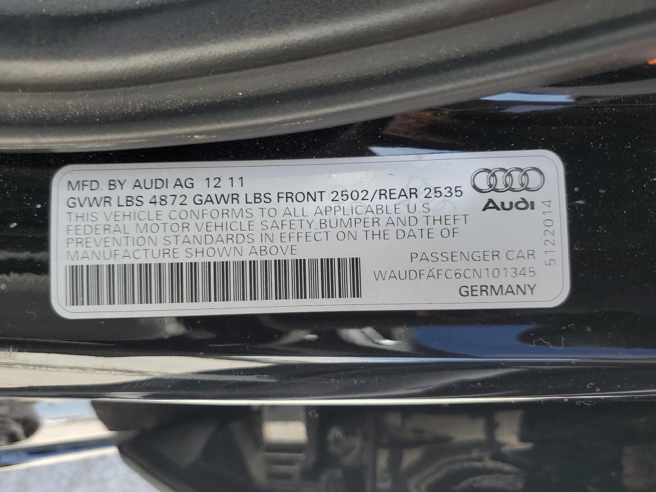 2012 Audi A6 Premium Plus VIN: WAUDFAFC6CN101345 Lot: 57652124