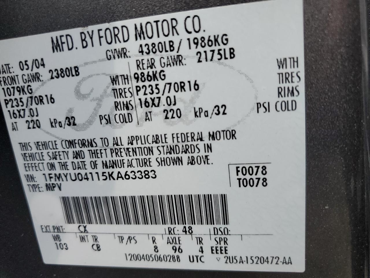 1FMYU04115KA63383 2005 Ford Escape Limited