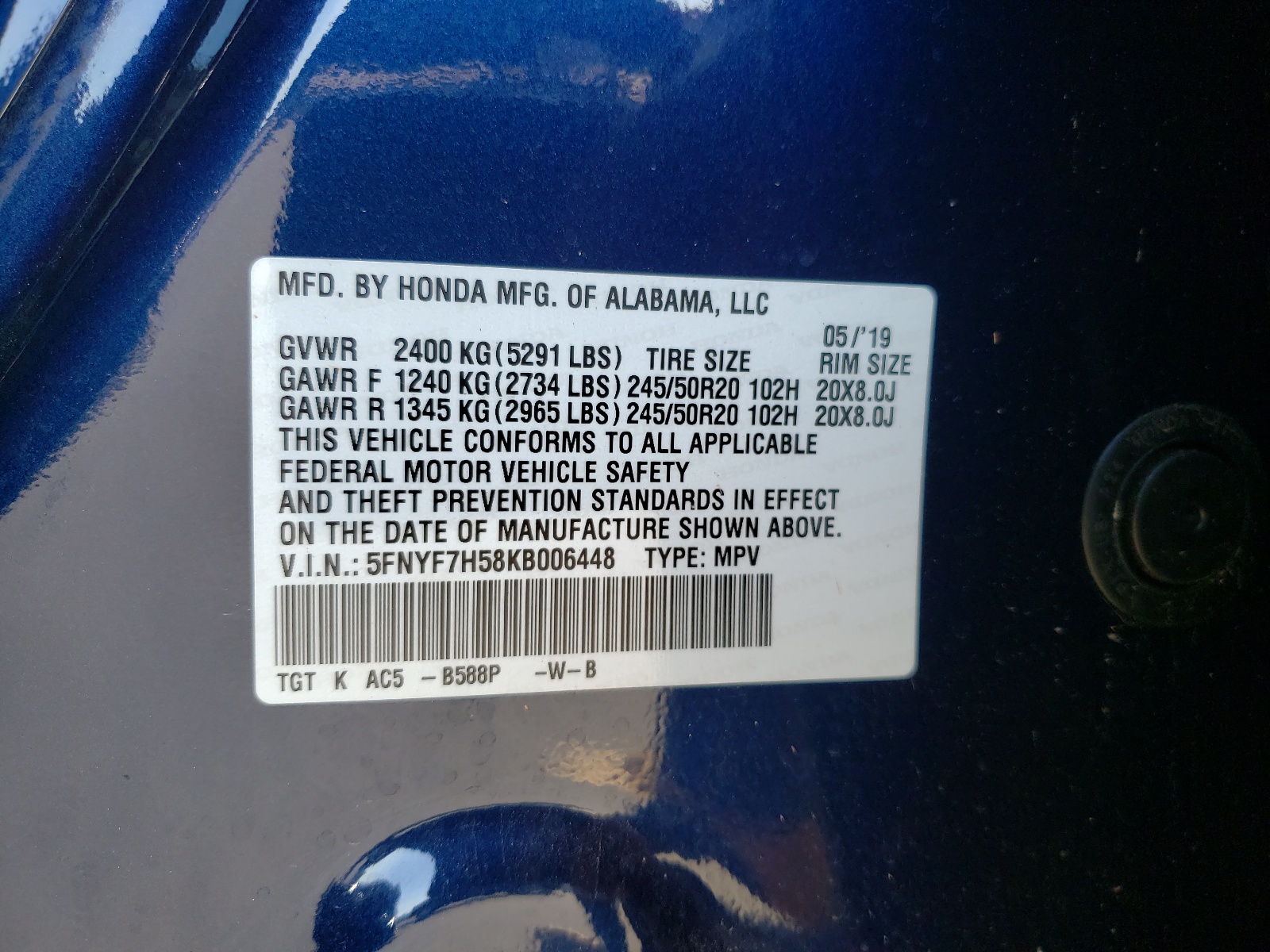 5FNYF7H58KB006448 2019 Honda Passport Exl