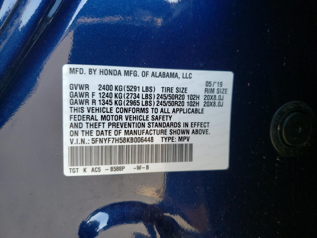 2019 Honda Passport Exl VIN: 5FNYF7H58KB006448 Lot: 58820284