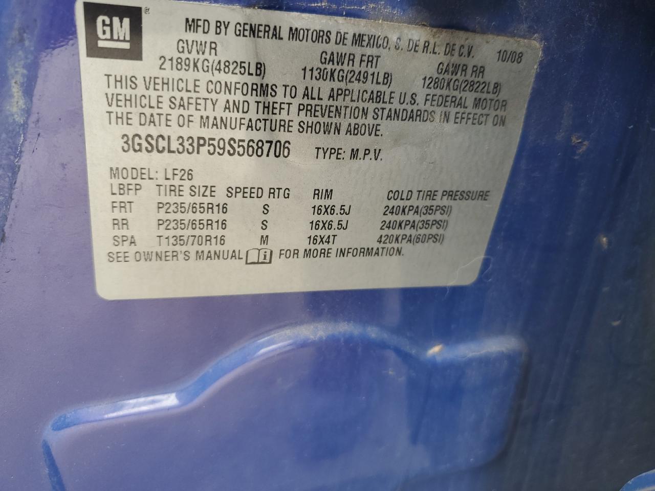 2009 Saturn Vue Xe VIN: 3GSCL33P59S568706 Lot: 57749284