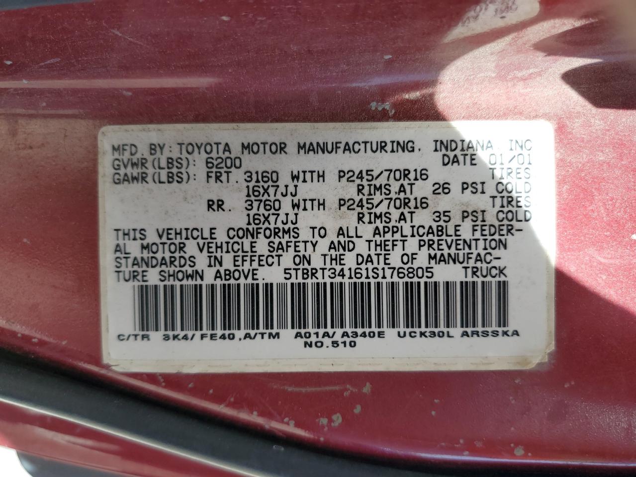 2001 Toyota Tundra Access Cab VIN: 5TBRT34161S176805 Lot: 59772434