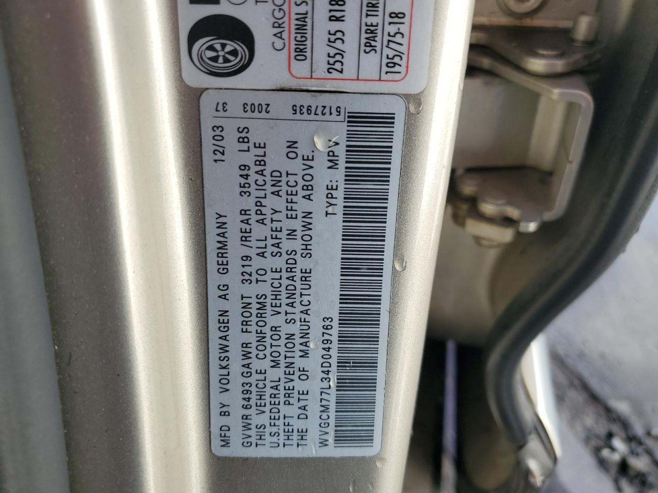 2004 Volkswagen Touareg 4.2 VIN: WVGCM77L34D049763 Lot: 60417914