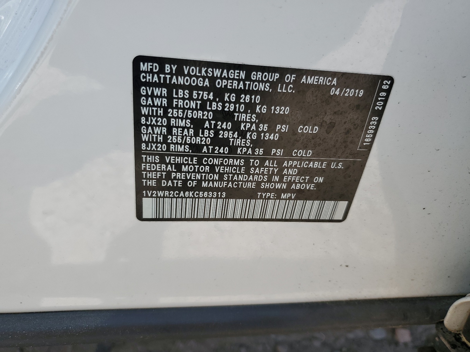 1V2WR2CA6KC563313 2019 Volkswagen Atlas Se